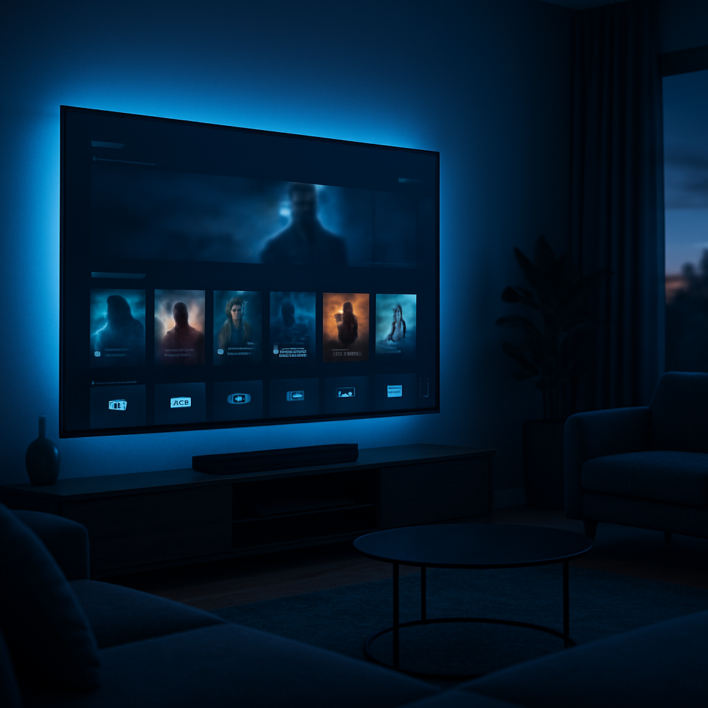 World IPTV Player shown on a wall-mounted smart TV in a modern living room